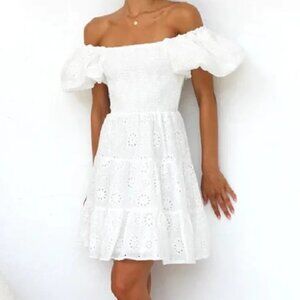 Women White Embroidery Hollow Out Hole Flower Short Puff Sleeve Mini Dress